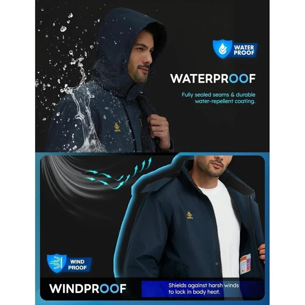 Men's Navy Blue Waterproof Winter Warm Snow Coat Fleece Lined Hiking Ski Jacket